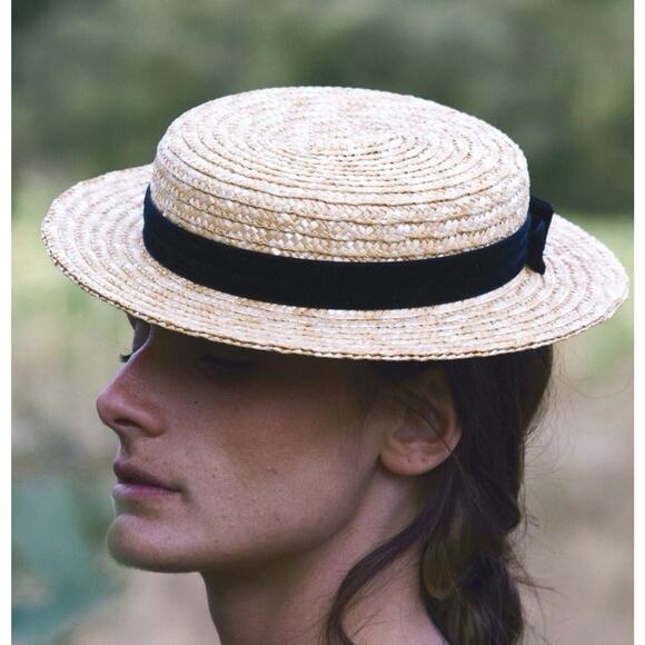 Fleur de Paris Straw Boater Fedora Hat Black Ribbon Band French Gatsby Madeline